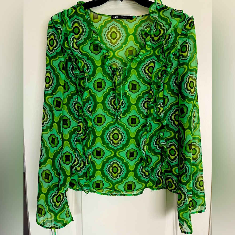 ZARA Green Geometric Sheer Women's Top Size M